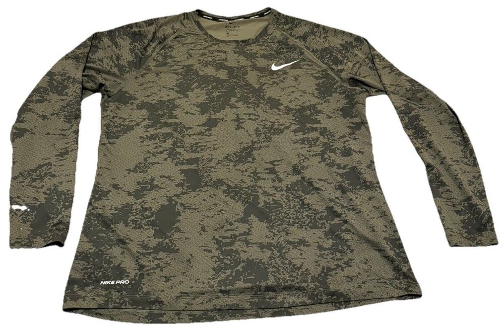 Nike Pro Dri-Fit Camo Long Sleeve Shirt Slim Fit XXL Green Digital Camouflage